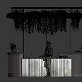 Modern Round Bar Counter With Hanging Green Plants Bartender And Sunset Sky