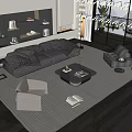 Modern Living Room Interior Featuring Sofa Coffee Table Set Armchairs Textured Rug And Large Windows