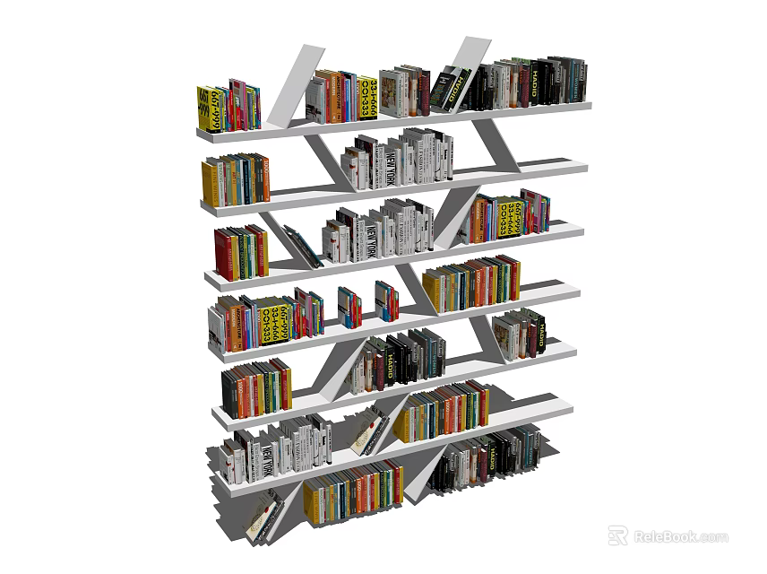 Modern Multi Tiered Bookcase With Assorted Books On Sleek Shelves Design 3d model