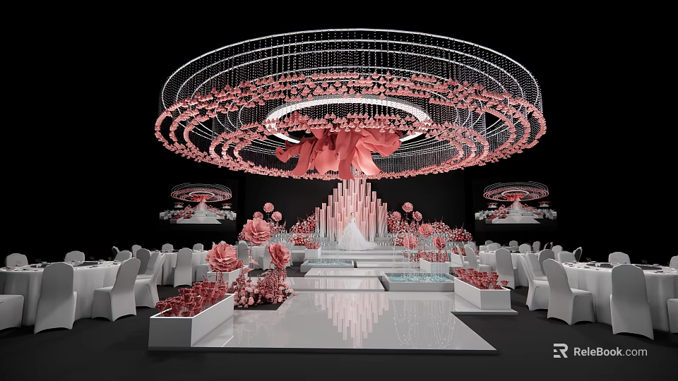 Banquet Hall Interior With Large Chandelier Pink Decorations White Tables And Stage Setup 3d model 