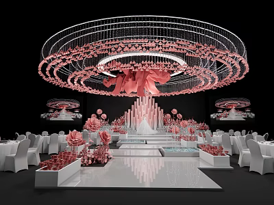 Banquet Hall Interior With Large Chandelier Pink Decorations White Tables And Stage Setup 3d model