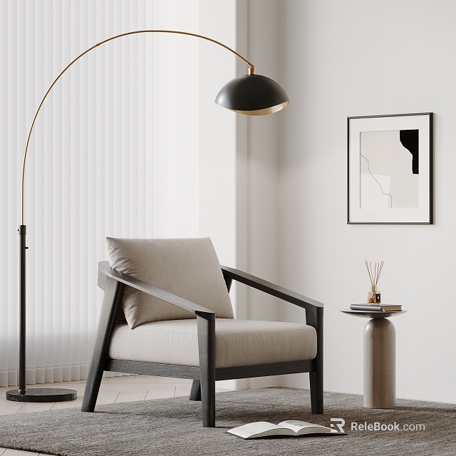 Modern Accent Chair With Light Colored Cushion Wooden Frame And Floor Lamp In Minimalist Room 3d model 