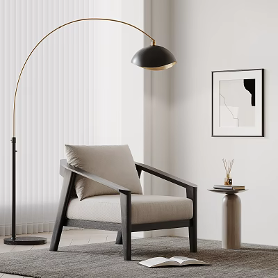 Modern Accent Chair With Light Colored Cushion Wooden Frame And Floor Lamp In Minimalist Room 3d model