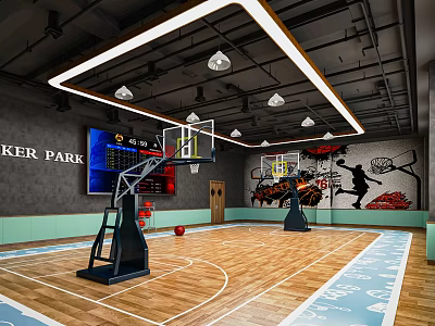 Modern Basketball Court Interior with Wooden Floor Basketball Hoops Wall Murals and Ceiling Lights 3d model