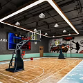 Modern Basketball Court Interior with Wooden Floor Basketball Hoops Wall Murals and Ceiling Lights