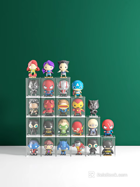 Colorful Superhero Anime Figurines Neatly Arranged On Transparent Display Shelf With Green Background 3d model 