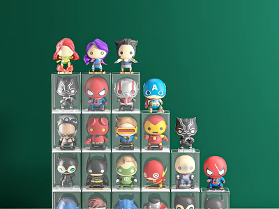 Colorful Superhero Anime Figurines Neatly Arranged On Transparent Display Shelf With Green Background 3d model