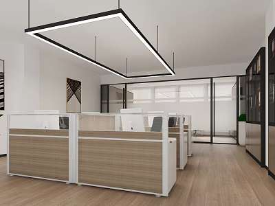 Modern Office Interior Design With Wooden Cubicles White Desks And Hanging Lights 3d model