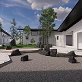 Modern Courtyard Garden Design With Stone Pathway Green Lawn And Decorative Rocks