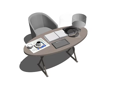 Oval Wooden Desk With Open Notebook Tablet Coffee Mug Newspaper And Gray Chair 3d model