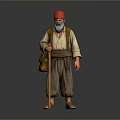 Bearded Man Wearing Red Turban and Traditional Clothing with Walking Stick and Bag