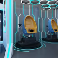 Tech Exhibition Hall Featuring White Counters Blue Lighting Hexagon Shelves And Robot Models 3d model