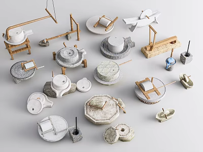 Traditional Industrial Equipment with Stone Grinding Mills and Wooden Components 3d model