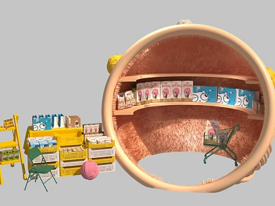 Shell Shaped Structure With Shelves Packaged Items Yellow Shelves Green Cart Pink Ball Yellow Chair 3d model