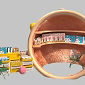 Shell Shaped Structure With Shelves Packaged Items Yellow Shelves Green Cart Pink Ball Yellow Chair