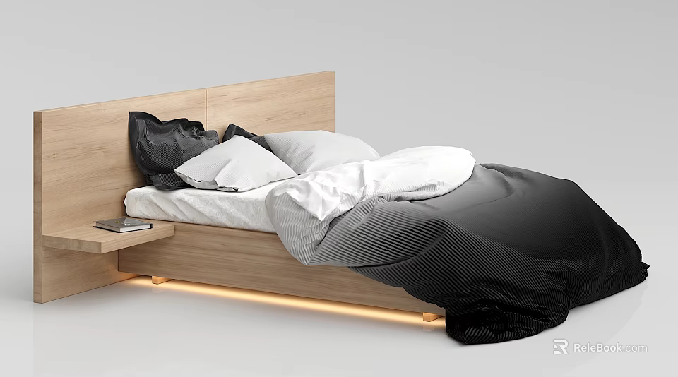 Double Bed With Wooden Headboard Black White Pillows Bedding Small Nightstand Book And LED Light 3d model 