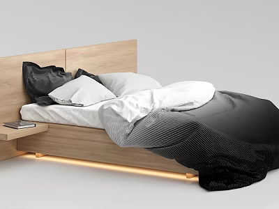 Double Bed With Wooden Headboard Black White Pillows Bedding Small Nightstand Book And LED Light 3d model