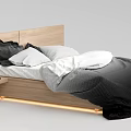 Double Bed With Wooden Headboard Black White Pillows Bedding Small Nightstand Book And LED Light