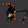 Futuristic Female Character In Black Outfit With Orange Mechanical Arms And Tail On Gray Background