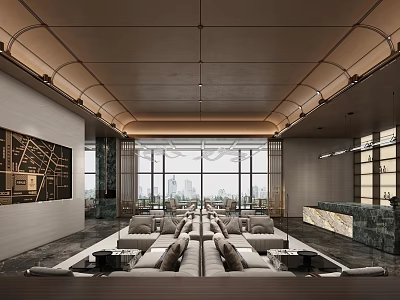 Modern Sales Office Interior Design With Large Windows City View Comfortable Sofas And Marble Counter 3d model