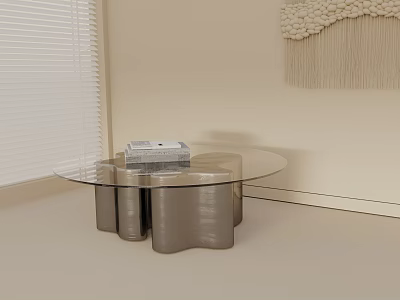 Round Glass Top Coffee Table With Metal Wavy Base And Books On Top Near Window 3d model