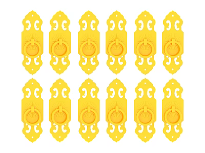 Yellow Decorative Door Handles Twelve Pieces Arranged in Rows with Intricate Patterns 3d model
