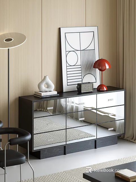 Modern Entryway Console Table With Black Frame Mirrored Panels And Decorative Items 3d model