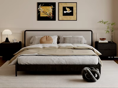 Modern Double Bed Interior With Framed Artworks Table Lamp And Knitted Decor 3d model