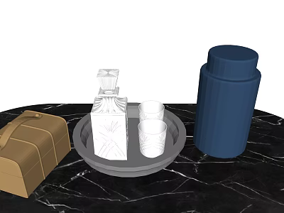 Wine Bottle and Wine Glasses on a Tray with Brown Bag on Black Marble Tabletop 3d model