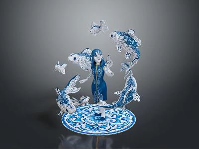 Blue and White Sculpture With Central Figure Surrounding Fish And Circular Patterned Base 3d model