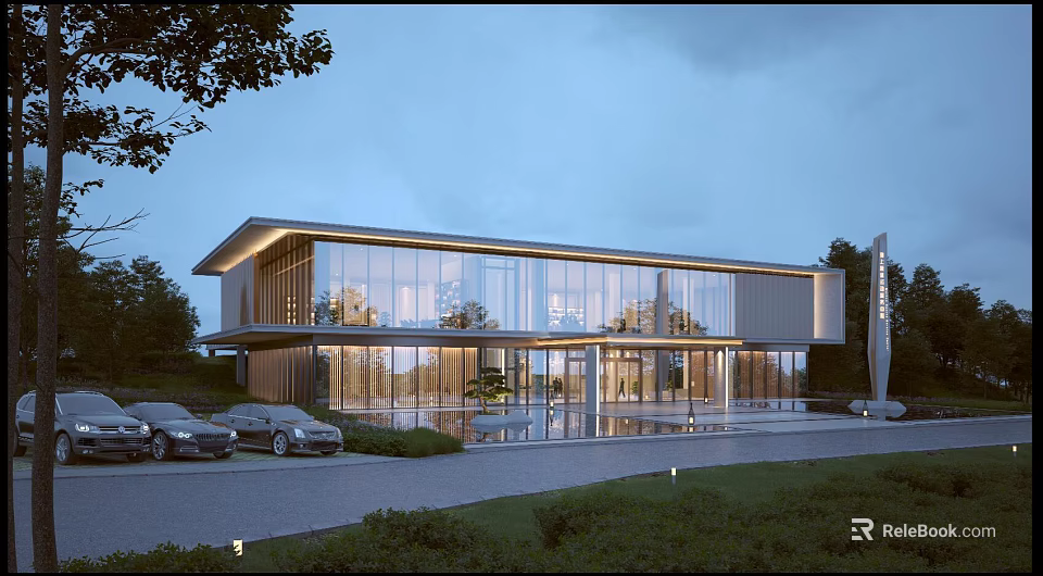 Modern Sales Office Building With Glass Curtain Wall Surrounded by Greenery And Parking Area 3d model 