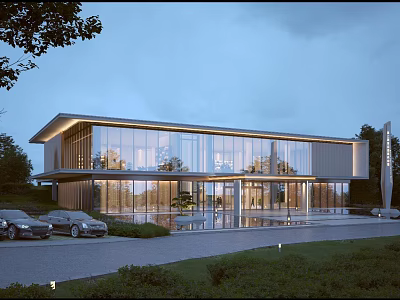 Modern Sales Office Building With Glass Curtain Wall Surrounded by Greenery And Parking Area 3d model