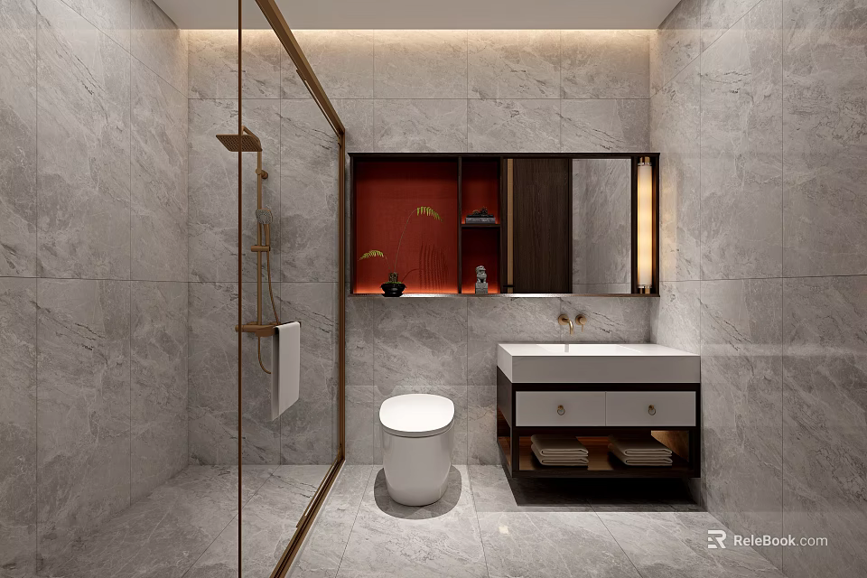 Modern Bathroom Interior Design With Marble Walls Glass Shower And Vanity Mirror 3d model 