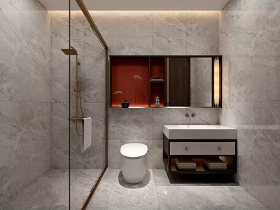 Modern Bathroom Interior Design With Marble Walls Glass Shower And Vanity Mirror 3d model