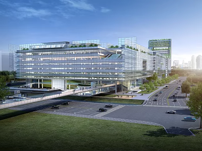 Modern Office Building With Glass Facade Green Roof And Surrounding Landscaped Area 3d model