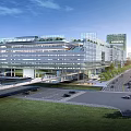 Modern Office Building With Glass Facade Green Roof And Surrounding Landscaped Area