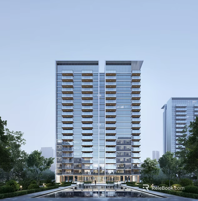 Modern High Rise Residential Building With Glass Curtain Wall Balconies Trees And Urban Background 3d model 