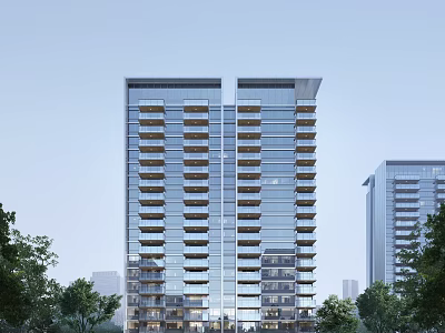 Modern High Rise Residential Building With Glass Curtain Wall Balconies Trees And Urban Background 3d model