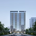 Modern High Rise Residential Building With Glass Curtain Wall Balconies Trees And Urban Background