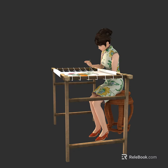 A woman in floral cheongsam mixing paint on wooden table with art supplies 3d model 