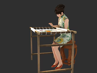 A woman in floral cheongsam mixing paint on wooden table with art supplies 3d model