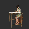 A woman in floral cheongsam mixing paint on wooden table with art supplies