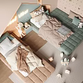 Kids Room Interior With Good Vibes Bed Pendant Lights Circular Wall Cutouts And Stuffed Toys