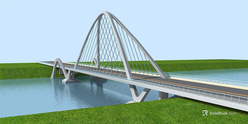 Modern Arched Cable Stayed Bridge Spanning Over Calm Water With Green Grass Surroundings 3d model 