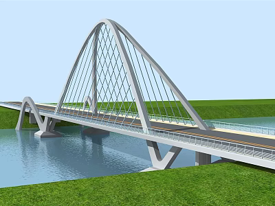 Modern Arched Cable Stayed Bridge Spanning Over Calm Water With Green Grass Surroundings 3d model
