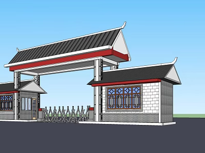 Traditional Chinese Entrance Gate With Pagoda Roof Red Accents And Flanking Pavilions 3d model