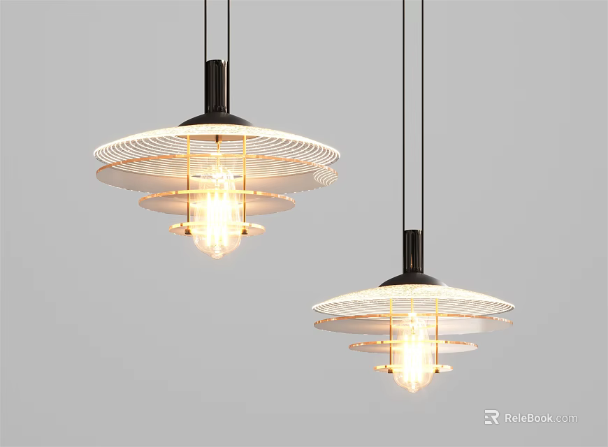 Modern Pendant Lights Black Rods Multi Layered Circular Shades Hollow Out Design Warm Yellow Lighting 3d model 