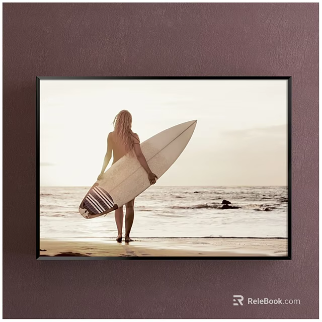 Back View Woman Holding Surfboard on Beach Ocean Sunset Portrait Artwork 3d model 