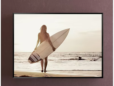 Back View Woman Holding Surfboard on Beach Ocean Sunset Portrait Artwork 3d model
