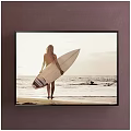 Back View Woman Holding Surfboard on Beach Ocean Sunset Portrait Artwork